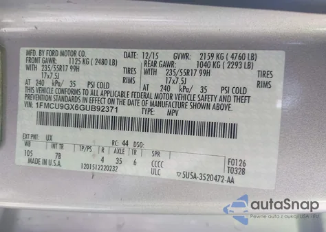 2016 Ford Escape Se z USA, uszkodzony, nr VIN 1FMCU9GX6GUB92371